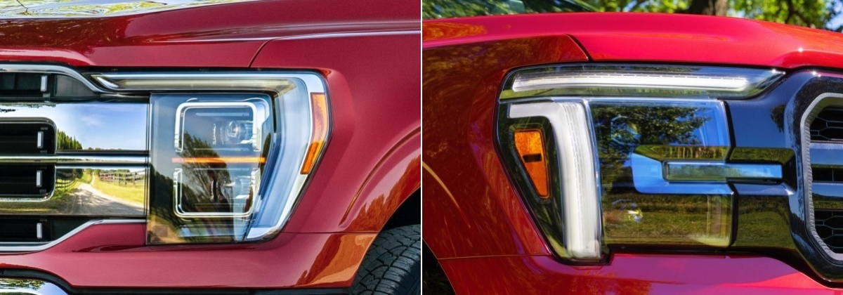 2023년 9월 공개된 '포드'사의 'F-150' 주간주행등의 변경 전과 후를 나타낸 사진. C자형으로 둘러싸인 형태에서 헤드램프 위, 옆, 아래쪽 안개등의 3부분으로 분할되었다.