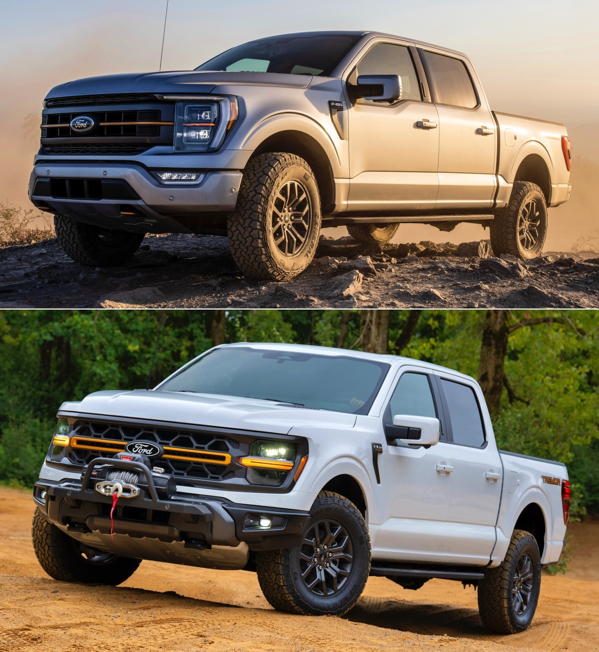 2023년 9월 공개된 '포드'사 'F-150'의 '트레머 트림'의 변경 전과 후를 나타낸 사진.