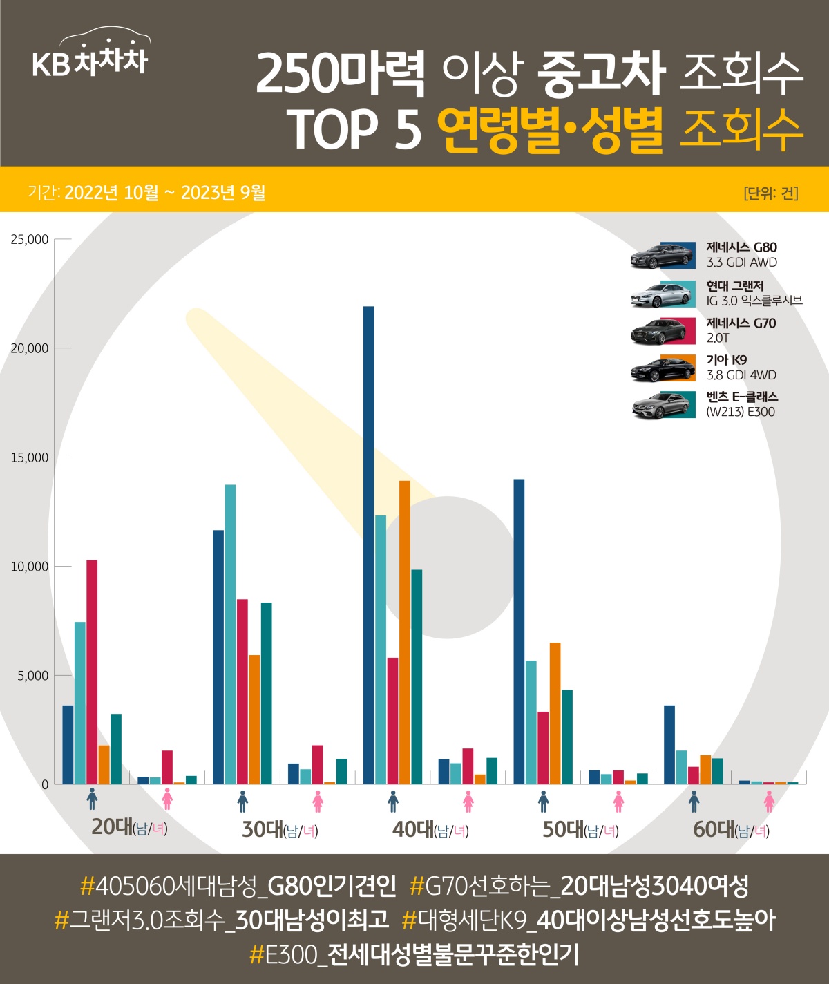 2022년 10월부터 2023년 9월 사이 '250마력 이상 중고차 조회수 TOP 5 모델'의 '연령별, 성별 조회수'.를 나타내는 이미지. '제네시스 G80 3.3 GDI AWD 모델'은 전 세대와 남녀불문 높은 조회수를 기록.