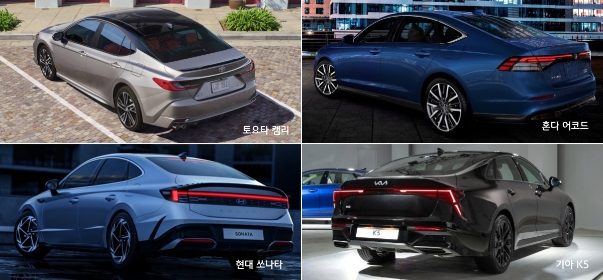 판매량을 떠나 차급 관계에서 캠리, 쏘나타, K5, 어코드의 경쟁 관계를 살펴보겠습니다. 요즘 중형 세단의 디자인 트렌드는 역동성입니다. 날렵하고 세련된 이미지를 강조하죠. 신형 캠리 역시 이전 세대보다 더 역동적인 감성에 초점을 맞췄습니다.