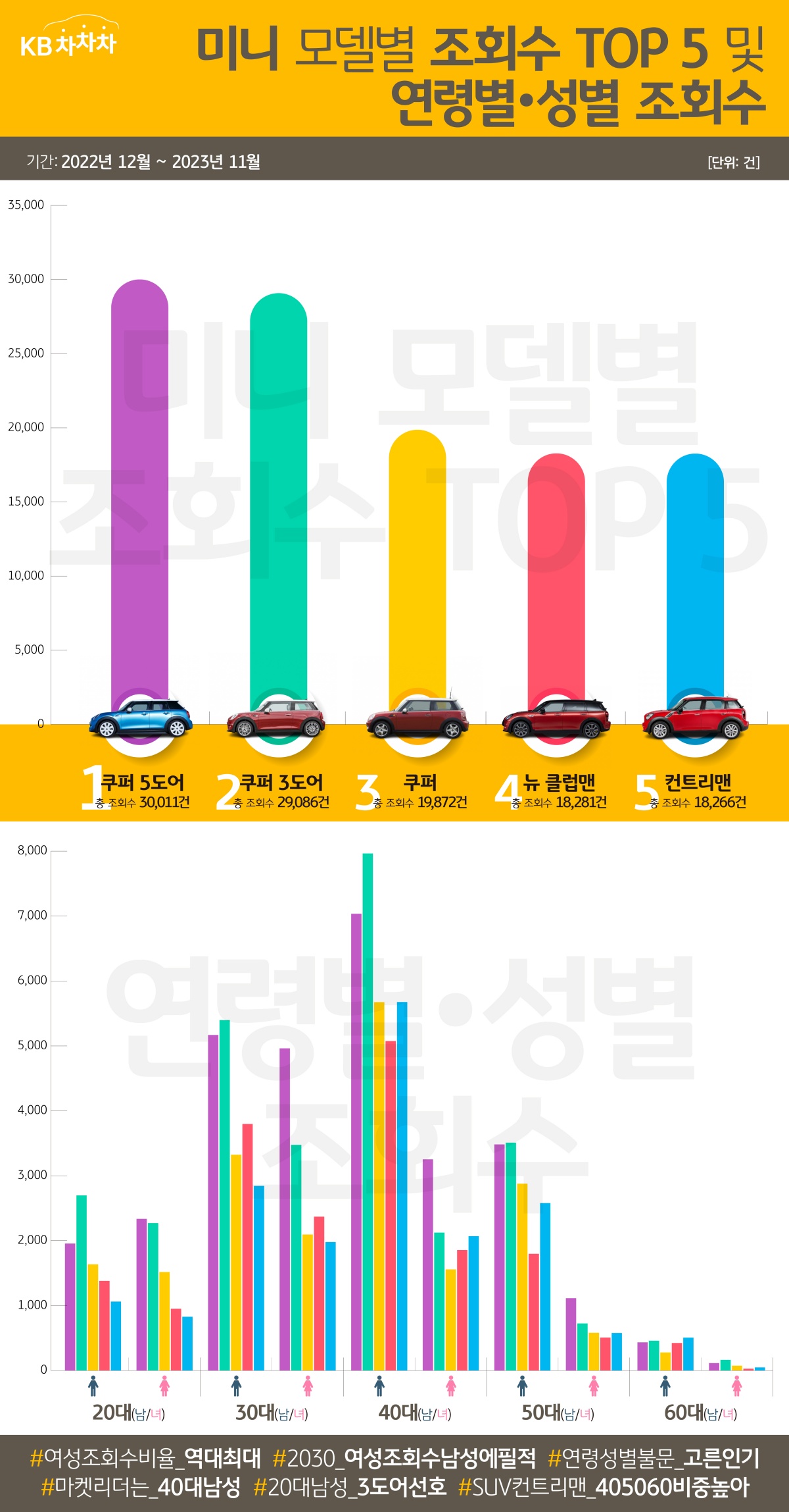미니 모델별 조회수 'TOP5' 및 연령별 성별 조회수에 대한 인포그램 이미지이다.