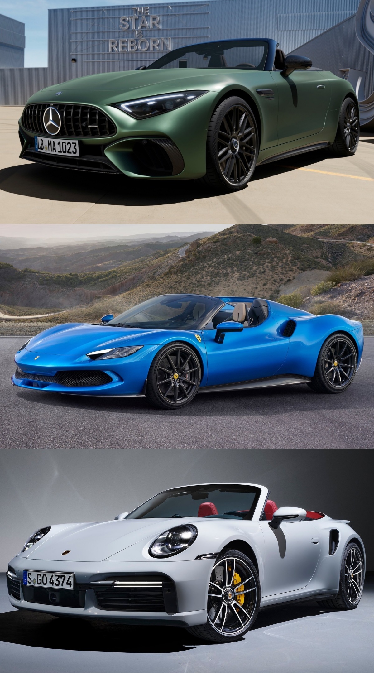 (위부터) 메르세데스-AMG SL 63 S E 퍼포먼스, 페라리 296 GTS, 포르쉐 911 터보 S 카브리올레의 이미지가 위에서 아래로 순서대로 정렬되어 있다.