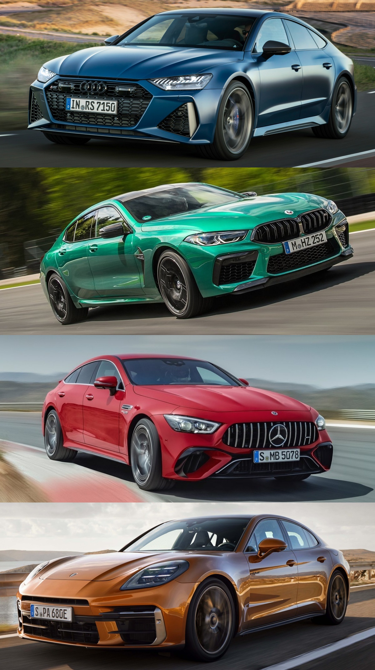 (위부터) '아우디 RS 7 퍼포먼스', 'BMW M8 컴페티션', 'AMG GT 4도어 63 S E 퍼포먼스', '포르쉐 파나메라 터보 E-하이브리드'가 도로 위를 달리고 있는 모습이다.