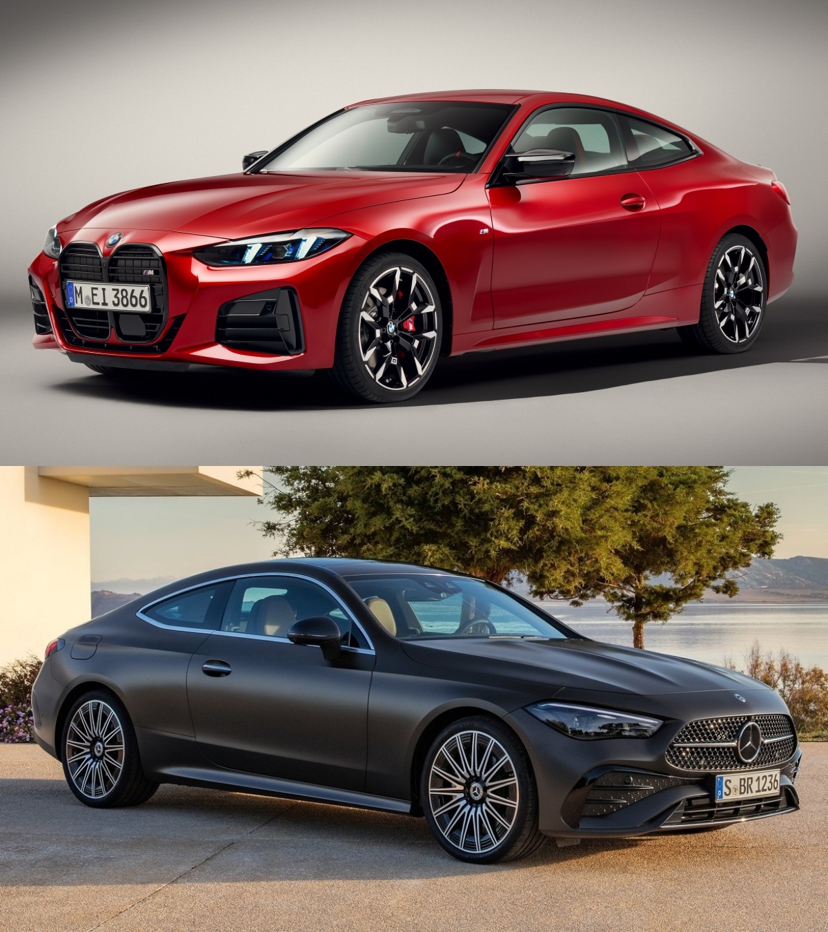 빨간색 'BMW M4 쿠페'(위)와 검정색 '벤츠 CLE 쿠페'의 모습을 촬영한 사진이다.