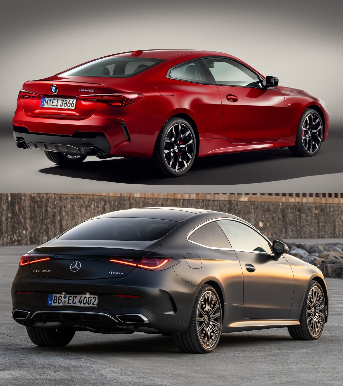 빨간색 'BMW M4 쿠페'(위)와 검정색 '벤츠 CLE 쿠페'의 뒷모습을 촬영한 사진이다.