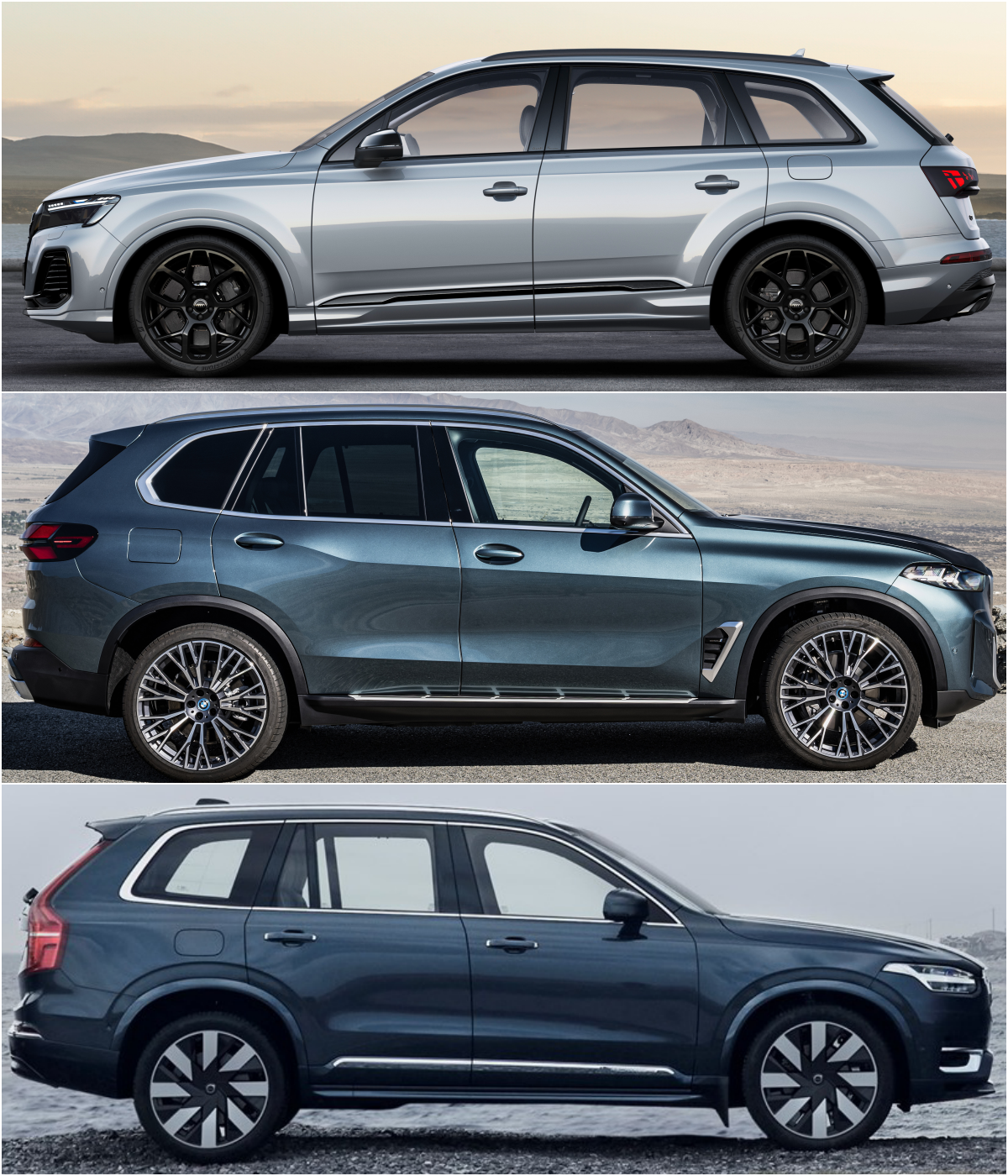 아우디 Q7, BMW X5, 볼보 XC90 차량 '측면' 이미지이다.