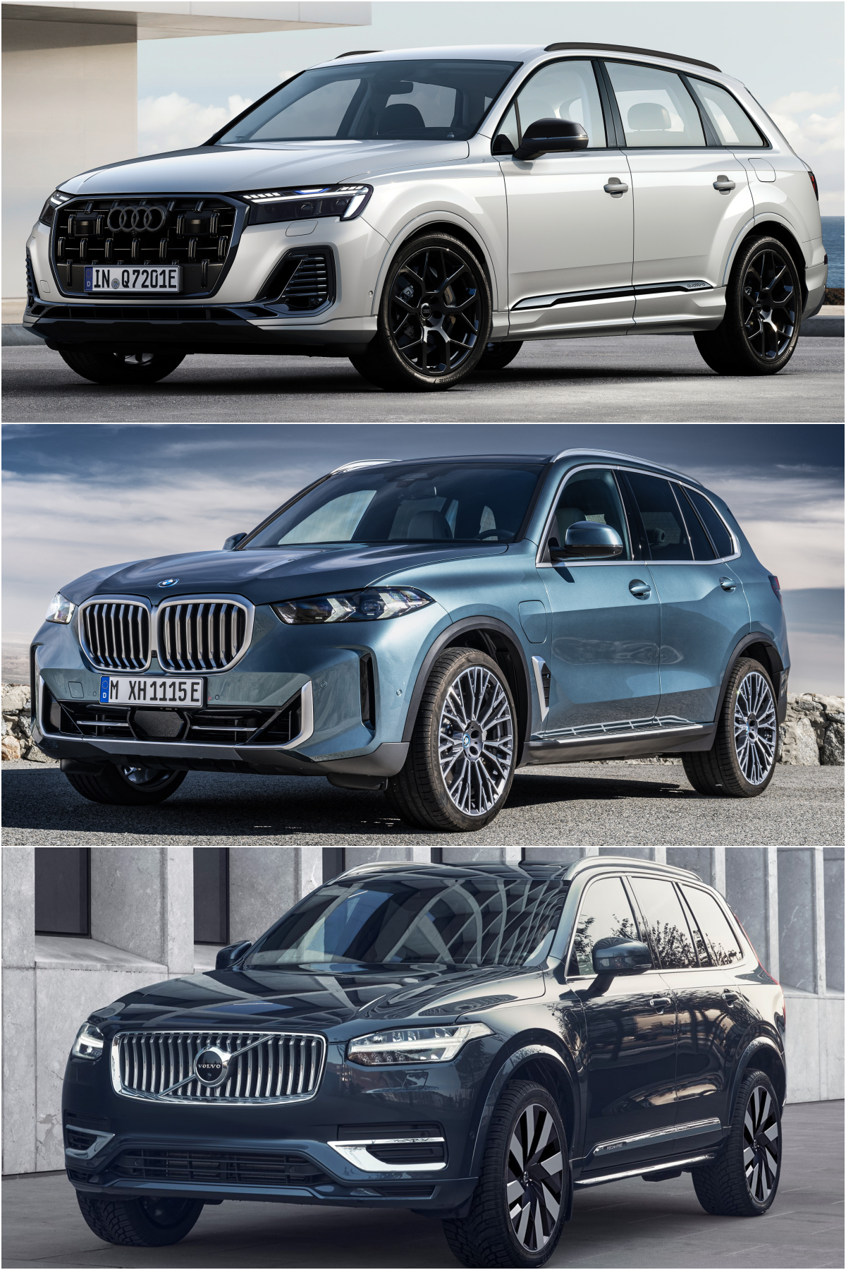 아우디 Q7, BMW X5, 볼보 XC90 차량 '전면' 이미지이다.