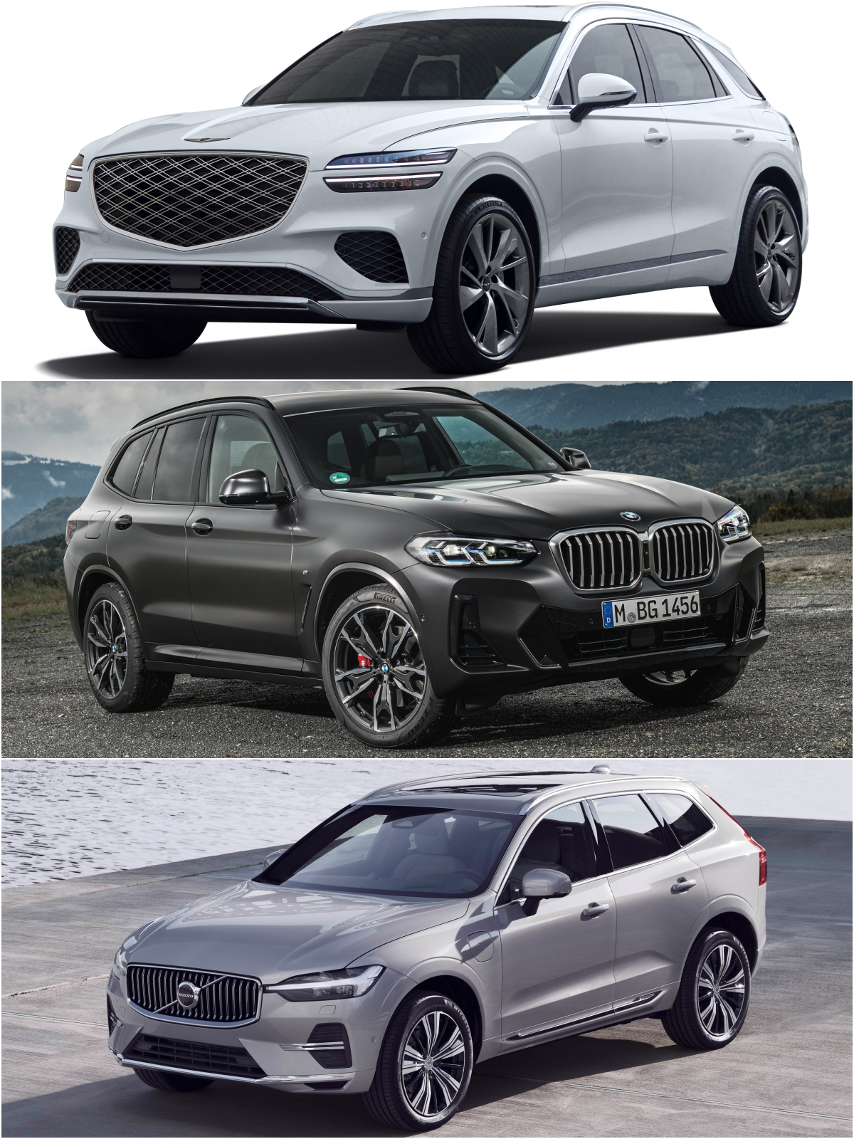 위부터 제네시스 GV70, BMW X3, 볼보 XC60 '차량' 이미지이다.