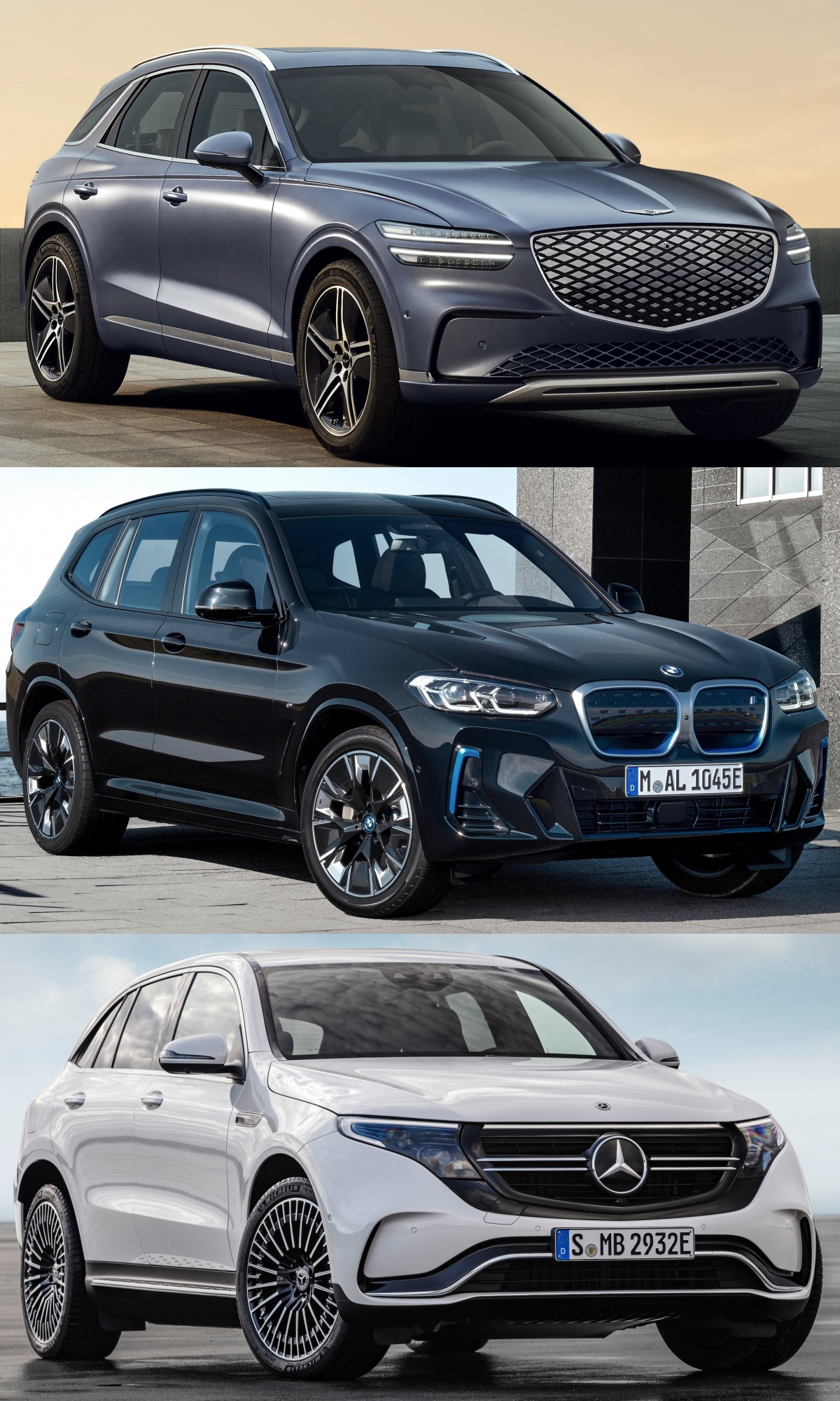 위부터 짙은 회색 제네시스 GV70 전동화 모델, 검정색 BMW iX3, 흰색 메르세데스-벤츠 EQC의 '정면'사진이다.