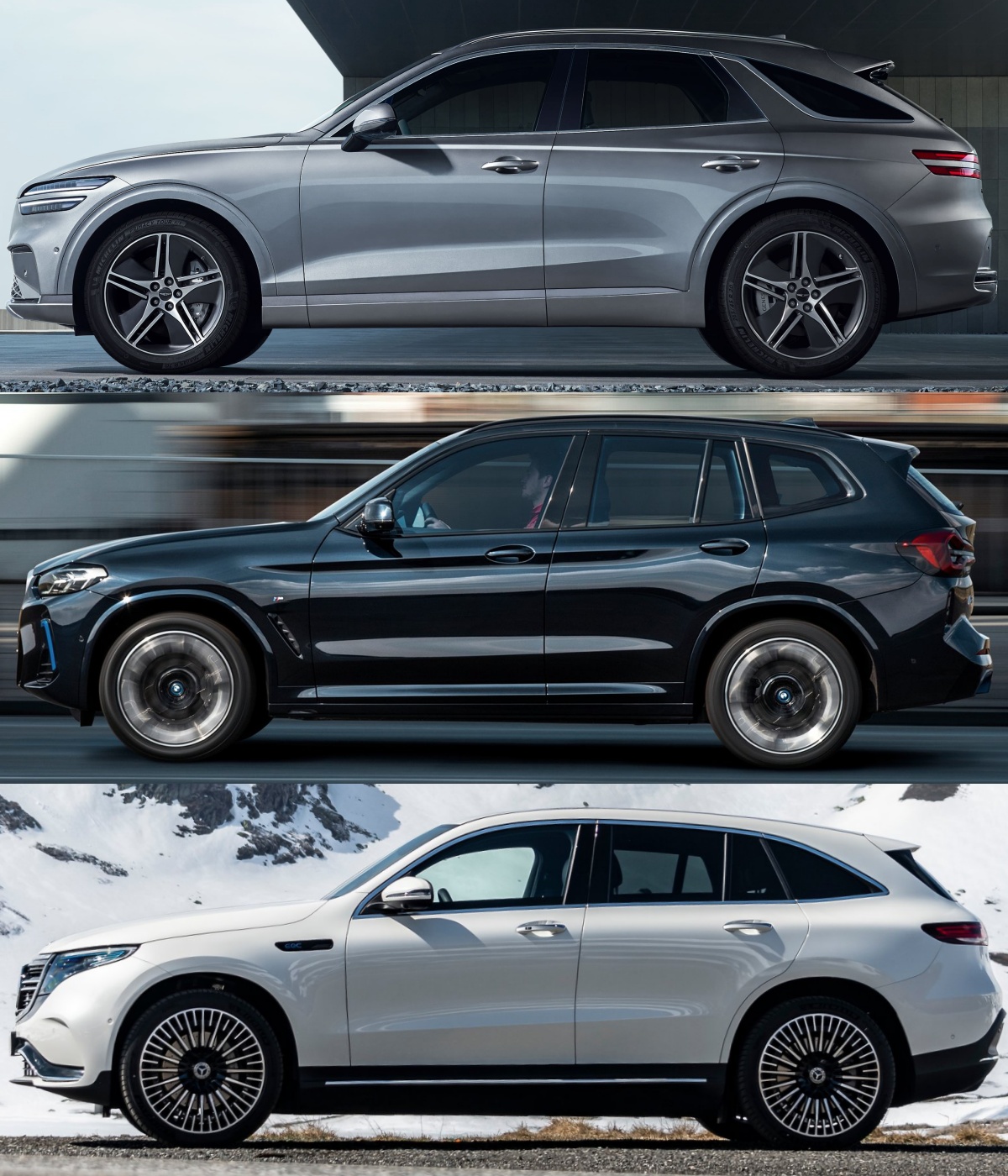 위부터 짙은 회색 제네시스 GV70 전동화 모델, 검정색 BMW iX3, 흰색 메르세데스-벤츠 EQC의 '측면'사진이다.