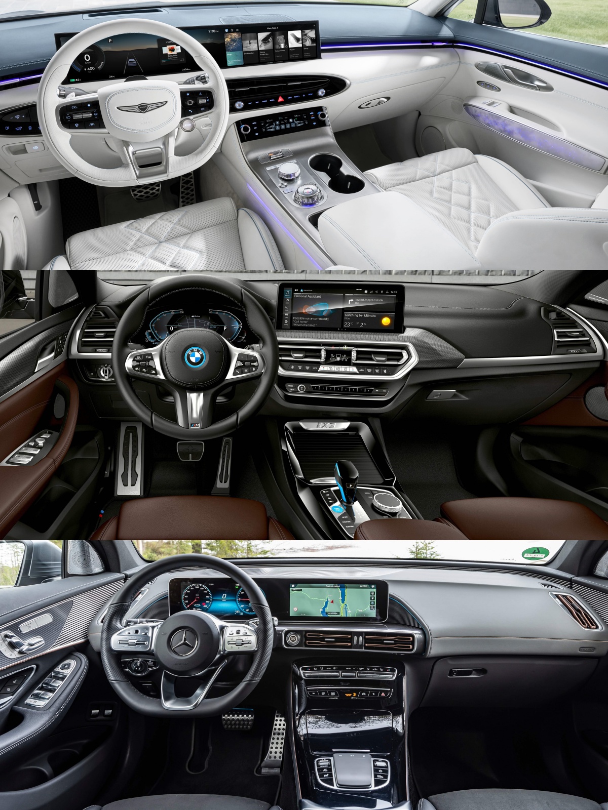 위부터 제네시스 GV70 전동화 모델,BMW iX3, 메르세데스-벤츠 EQC의 '내부' '운전석' 사진이다.