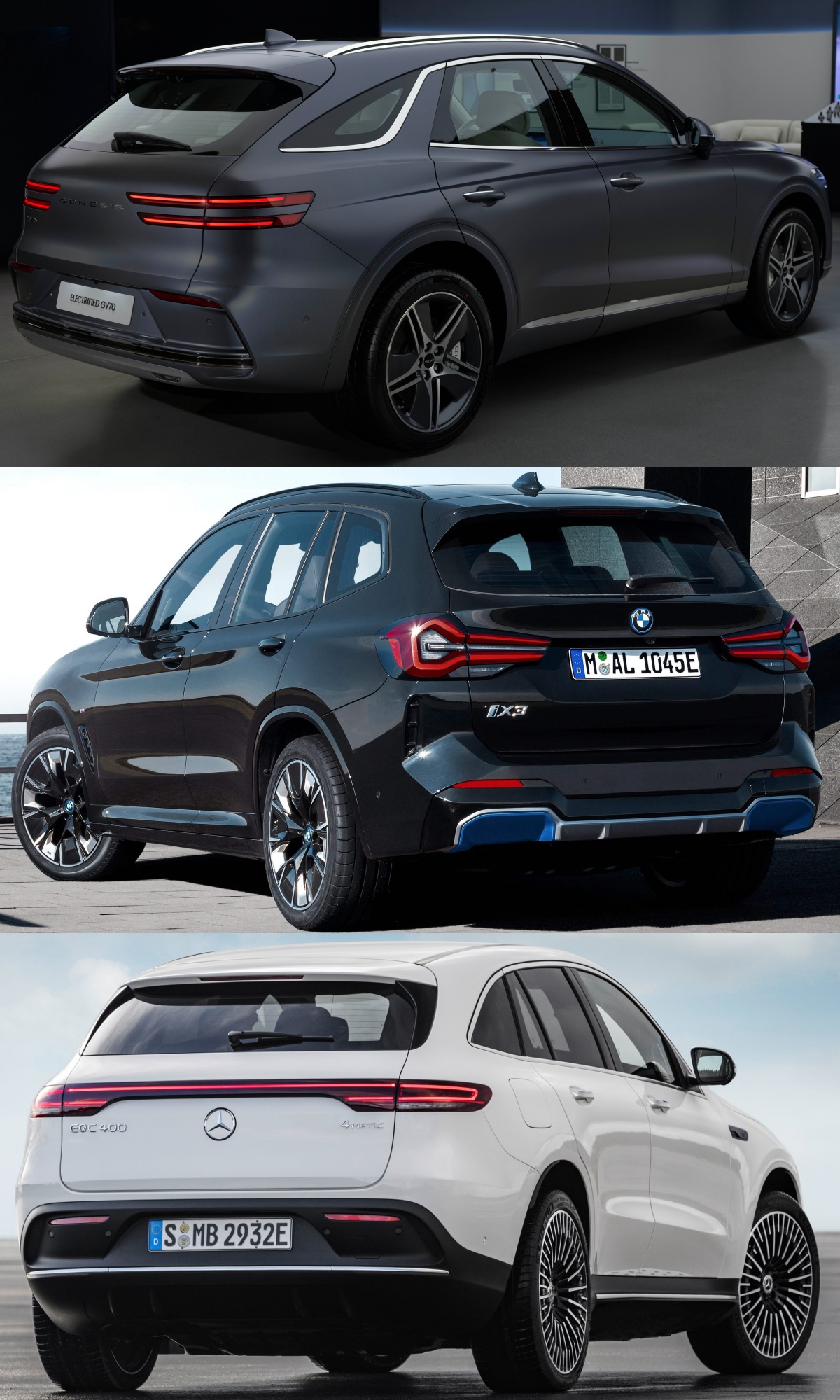 위부터 짙은 회색 제네시스 GV70 전동화 모델, 검정색 BMW iX3, 흰색 메르세데스-벤츠 EQC의 '후면'사진이다.
