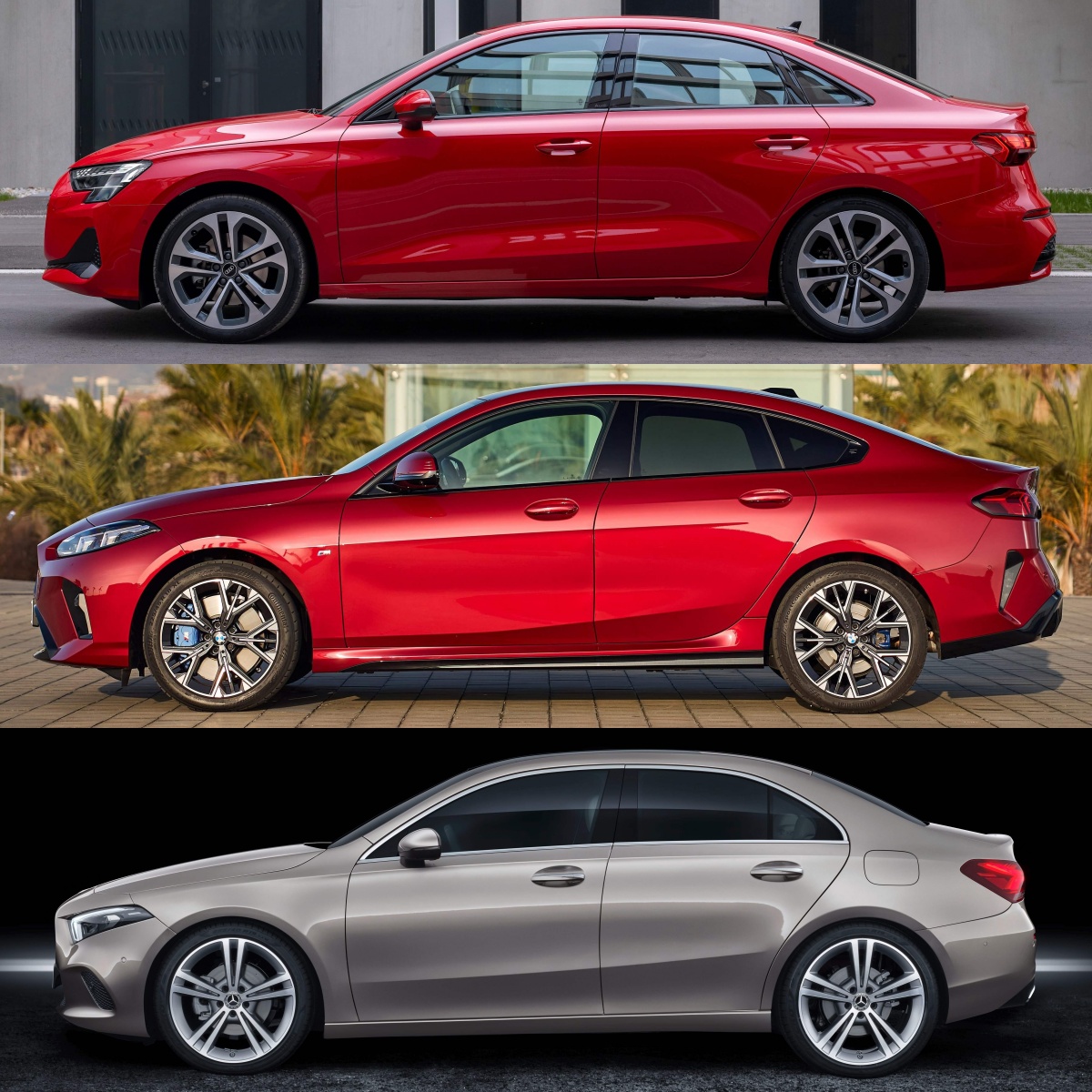 위부터 빨간색 아우디 A3 세단, 빨간색 BMW 2시리즈 그란쿠페, 회색 메르세데스-벤츠 A-클래스 세단 '측면' 사진이다.