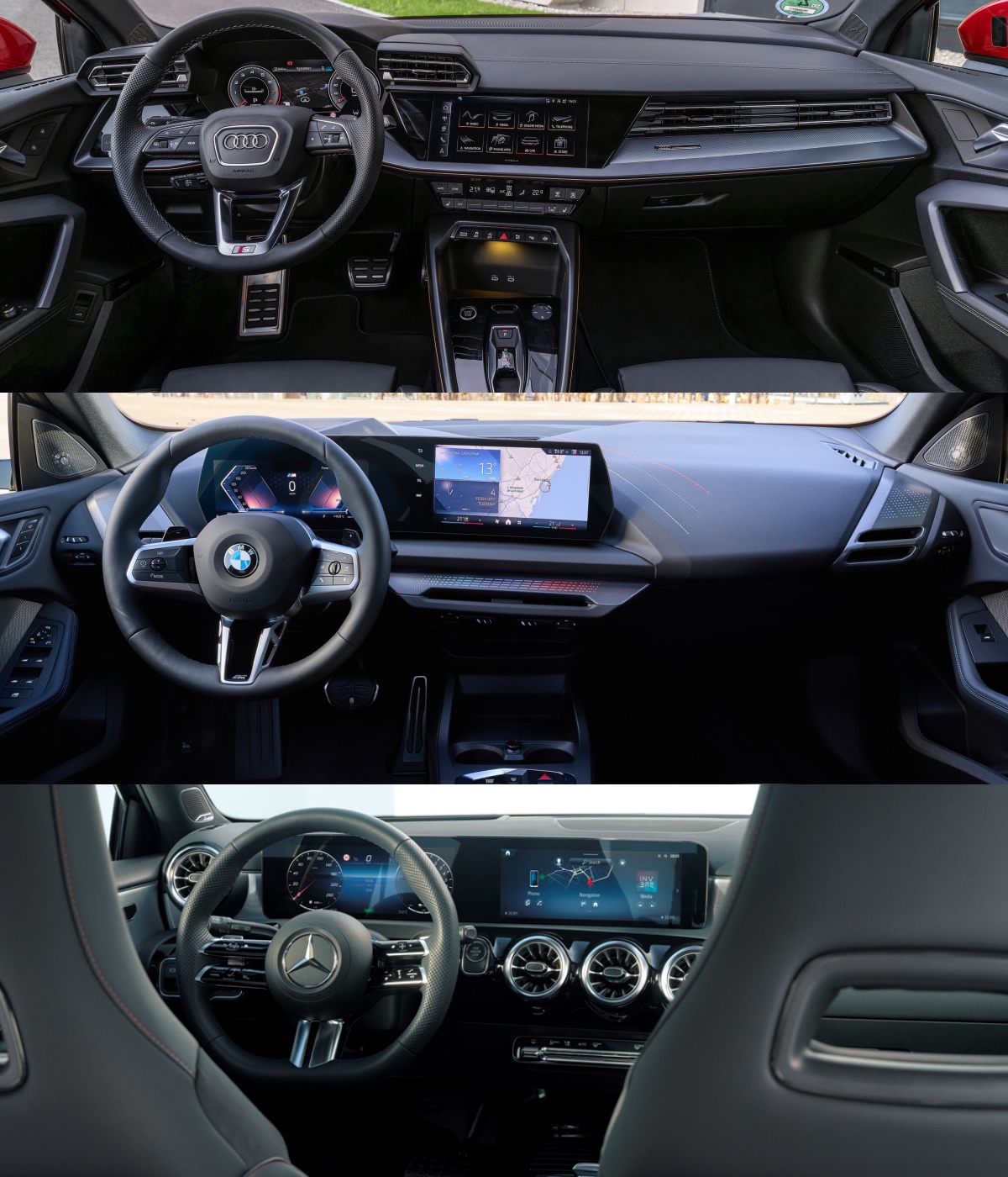 아우디 A3 세단, BMW 2시리즈 그란쿠페, 메르세데스-벤츠 A-클래스 세단 '내부' '운전석' 사진이다.