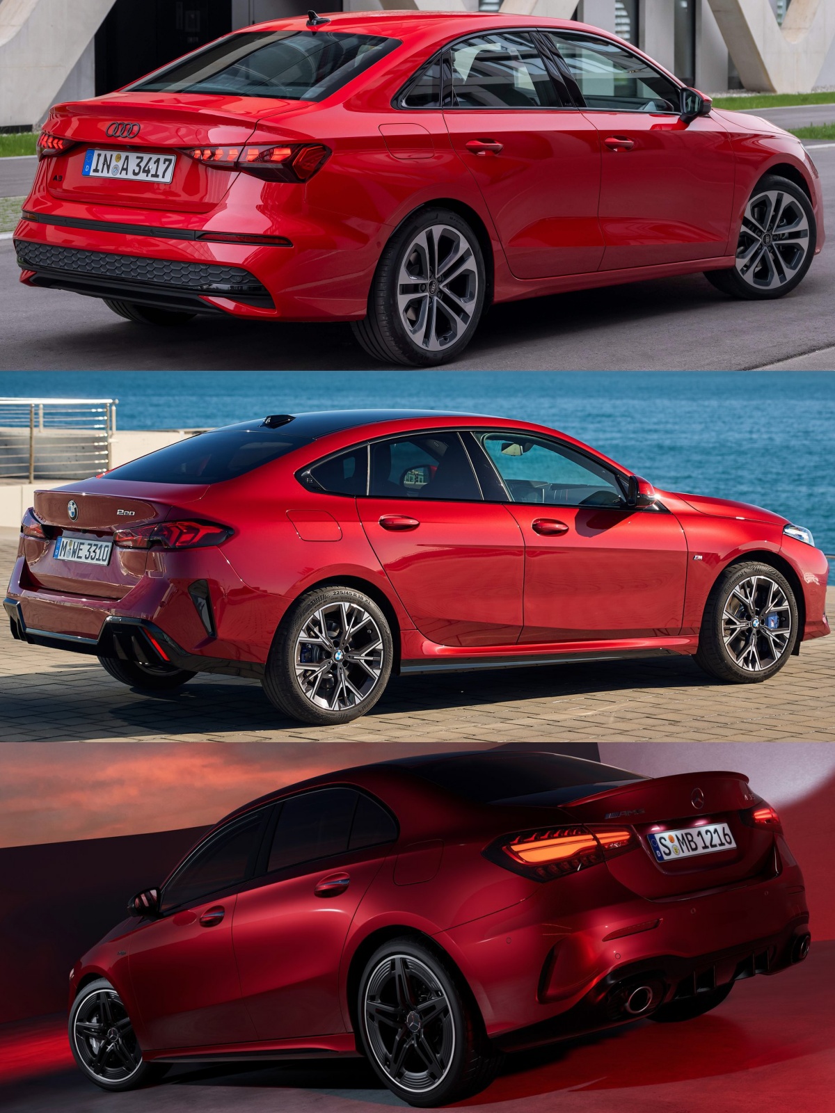 위부터 빨간색 아우디 A3 세단, 빨간색 BMW 2시리즈 그란쿠페, 빨간색 메르세데스-벤츠 A-클래스 세단 '후면' 과 '측면' 사진이다.