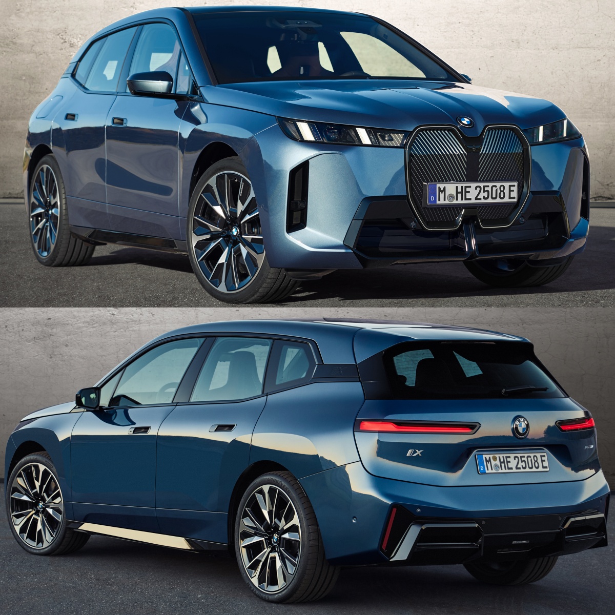 파란색 BMW iX의 '정면'과 '후면' 사진이다.