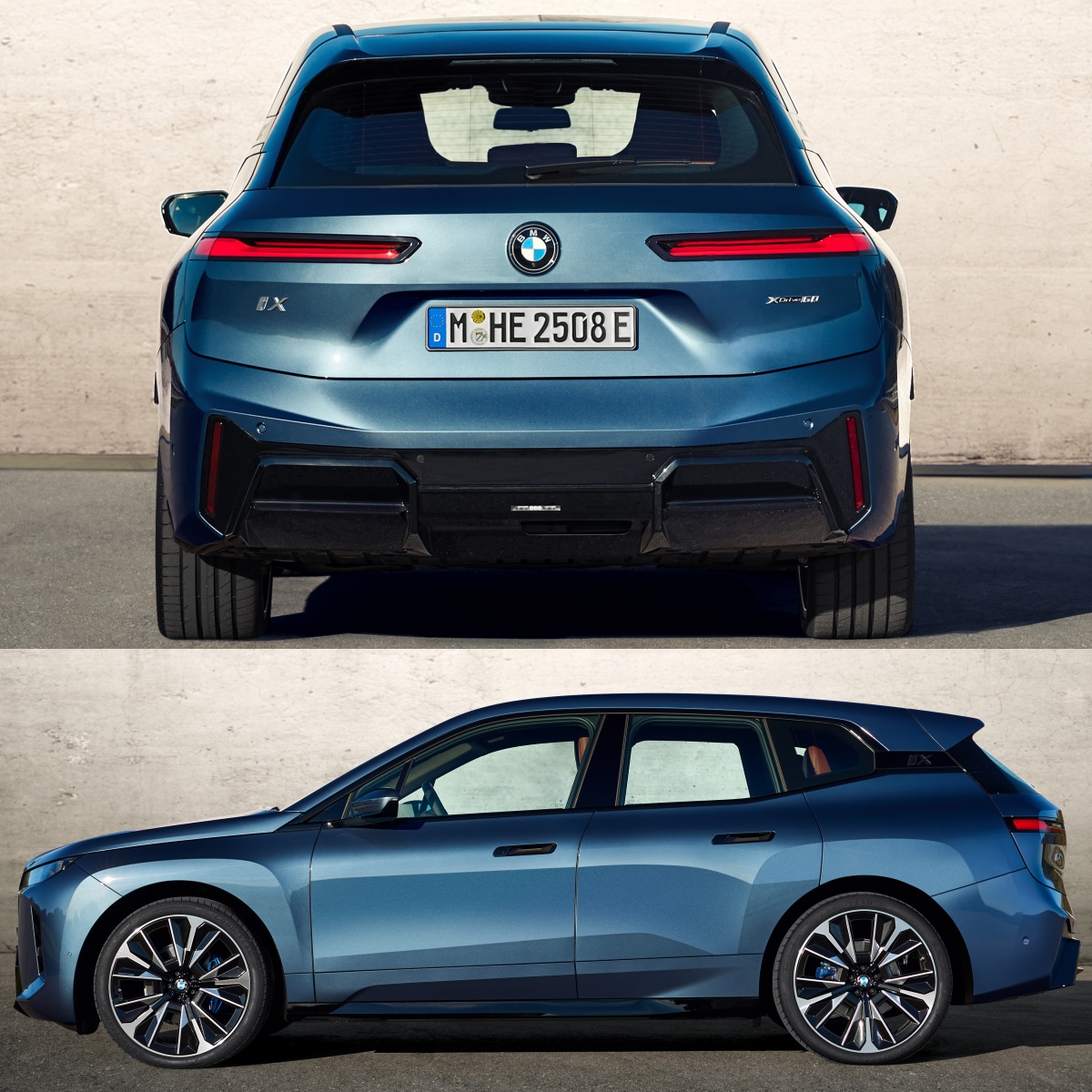 파란색 BMW iX의 '후면'과 '측면' 사진이다.