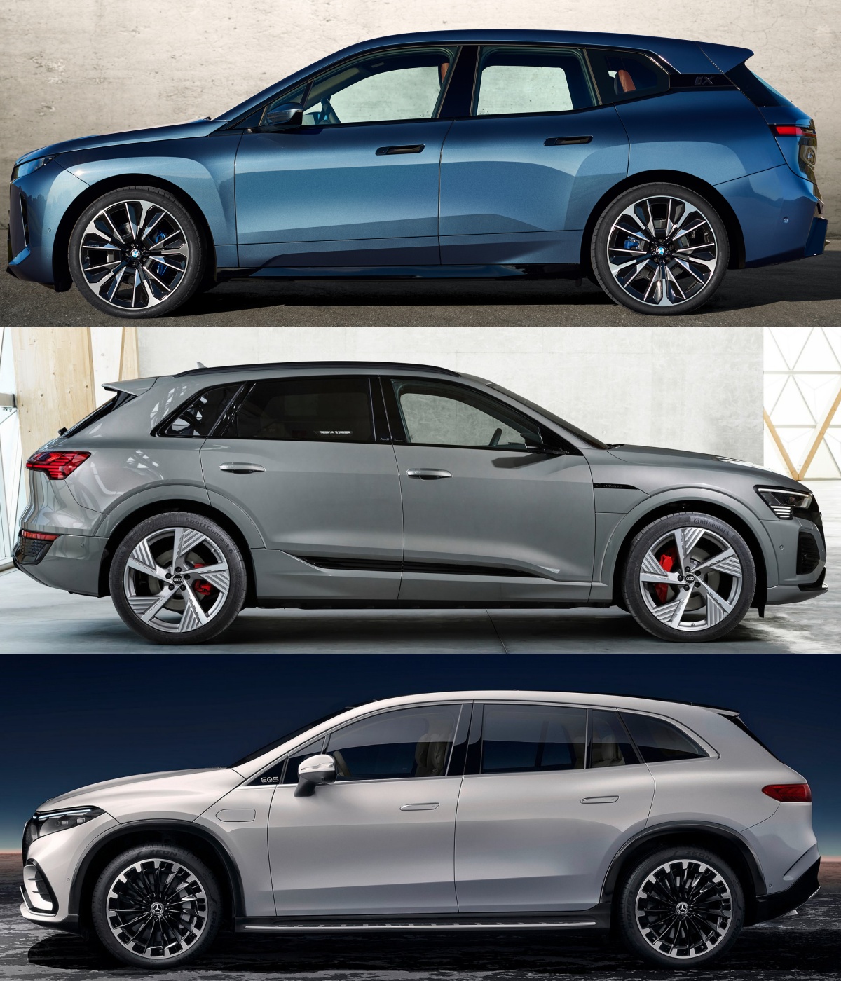 위부터 BMW iX, 아우디 Q8 e-트론, 메르세데스-벤츠 EQS SUV의 '측면' 사진이다.