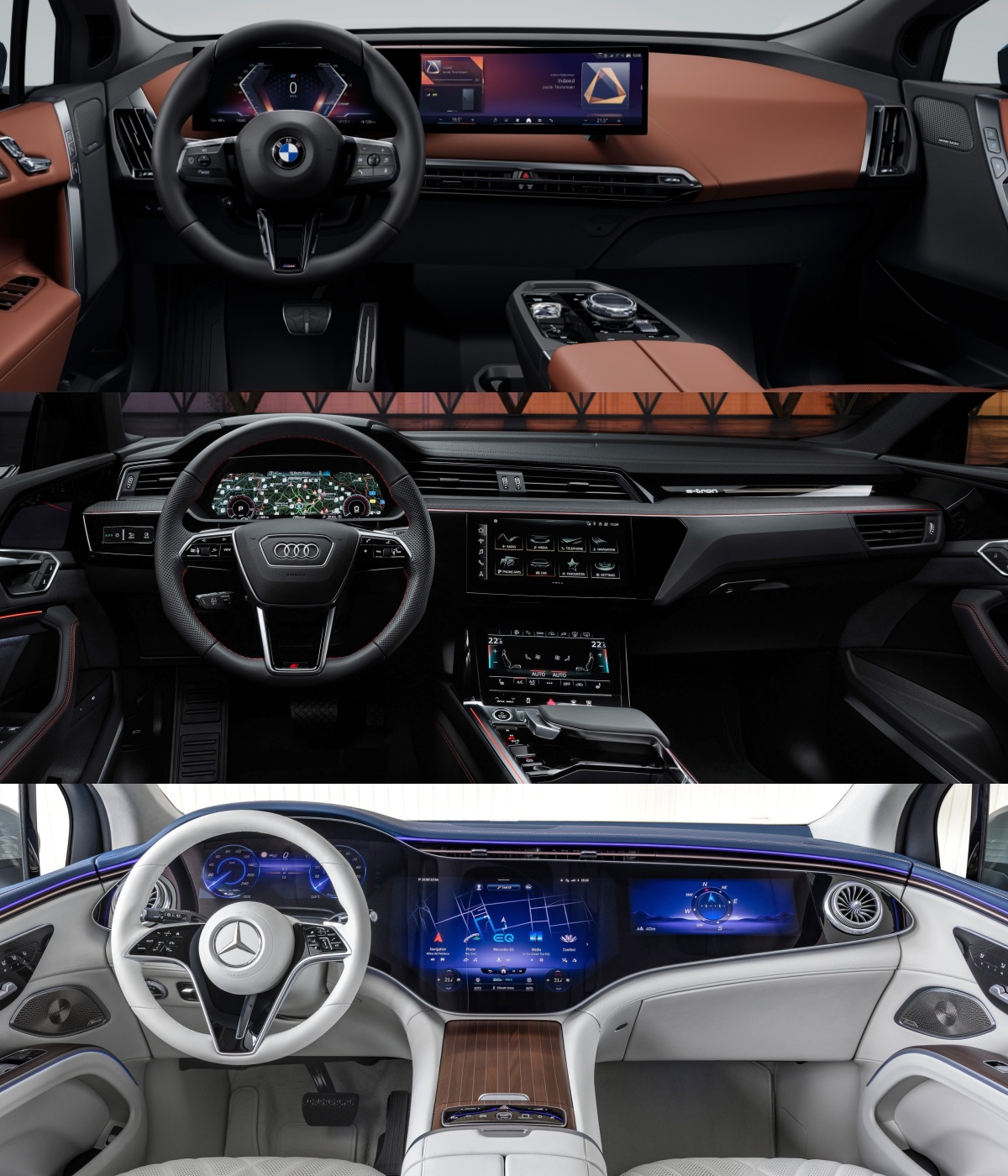 BMW iX, 아우디 Q8 e-트론, 메르세데스-벤츠 EQS SUV의 '내부' '운전석' 사진이다.