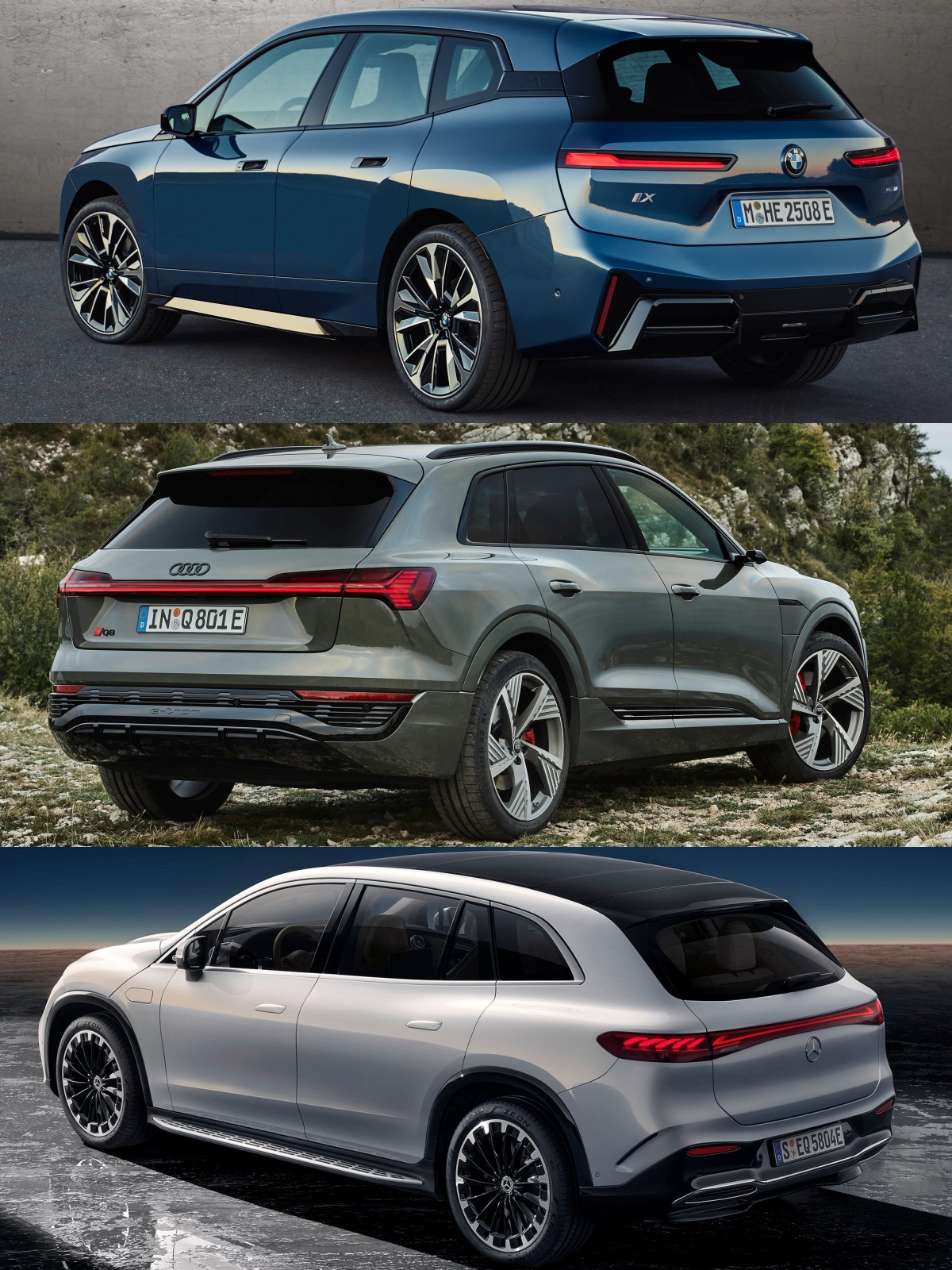 BMW iX, 아우디 Q8 e-트론, 메르세데스-벤츠 EQS SUV의 '측면', '후면' 사진이다.