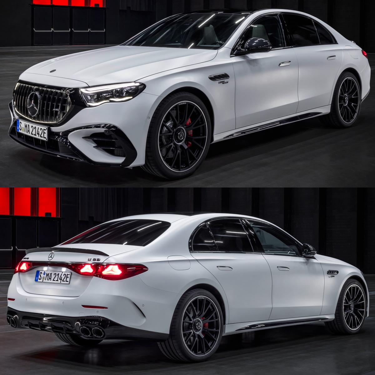 흰색 메르세데스-AMG E 53 하이브리드의 '측면'과 '후면' 사진이다.