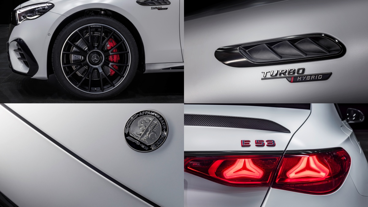 흰색 메르세데스-AMG E 53 하이브리드의 '타이어'와 각종 '파츠' 사진이다.