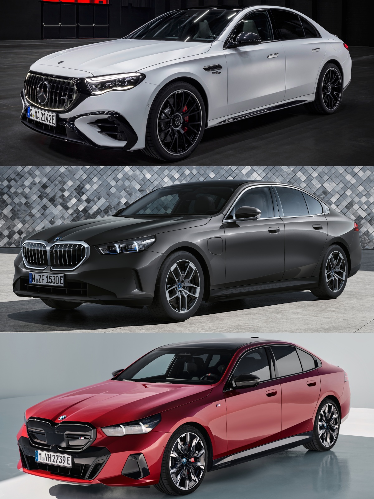 위부터 메르세데스-AMG E 53 하이브리드, BMW 550e, i5 M60의 '정면', '측면' 사진이다.