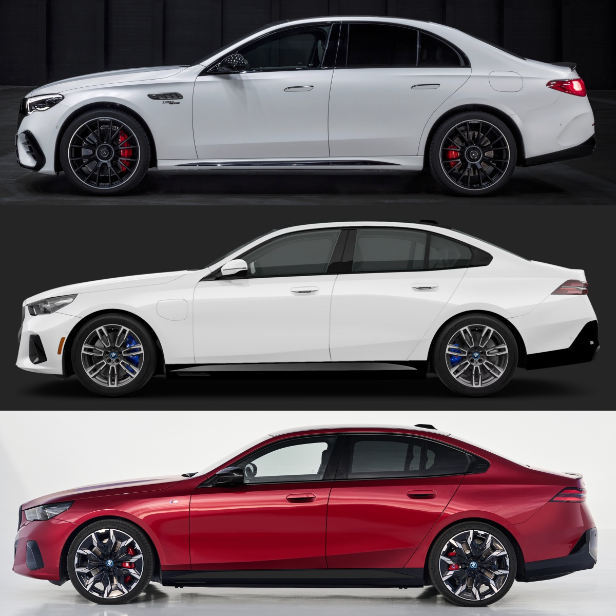 위부터 메르세데스-AMG E 53 하이브리드, BMW 550e, i5 M60의 '측면' 사진이다.