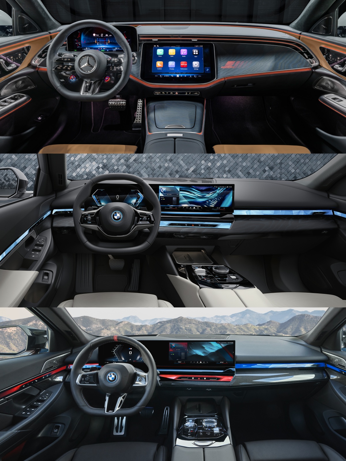 위부터 메르세데스-AMG E 53 하이브리드, BMW 550e, i5 M60의 '내부' '운전석' 사진이다.