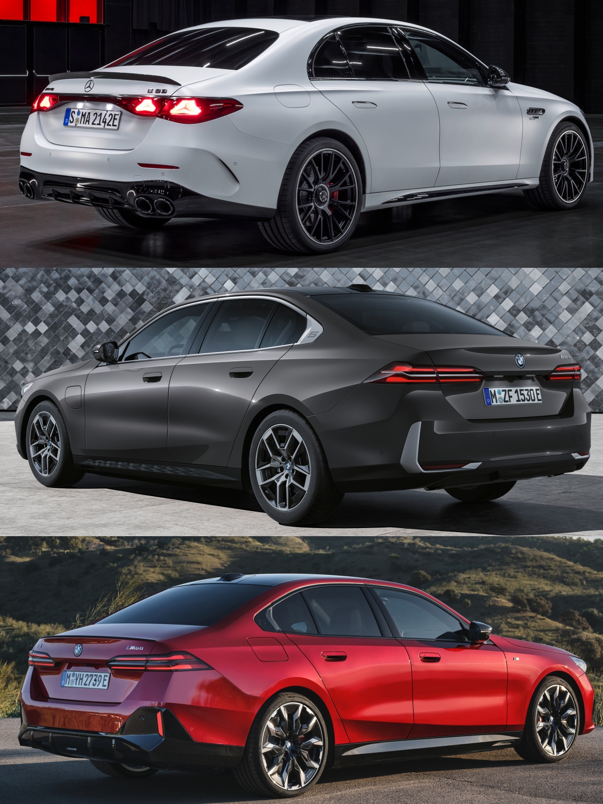 위부터 메르세데스-AMG E 53 하이브리드, BMW 550e, i5 M60의 '측면', '후면' 사진이다.