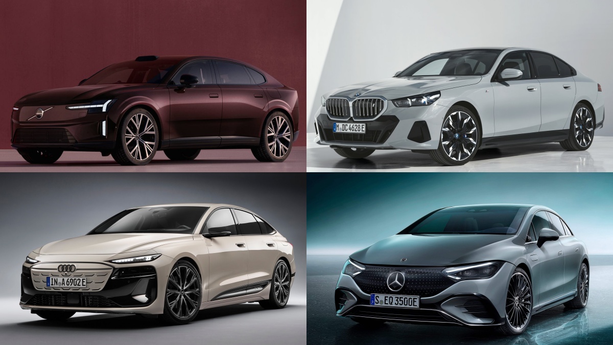 왼쪽 위부터 시계방향 볼보 ES90, BMW i5, 메르세데스-벤츠 EQE, 아우디 A6 스포트백 e-트론의 '정면' 사진이다.
