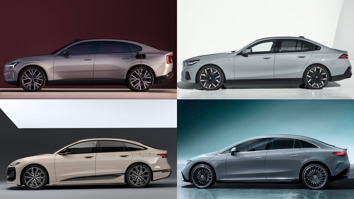 왼쪽 위부터 시계방향 볼보 ES90, BMW i5, 메르세데스-벤츠 EQE, 아우디 A6 스포트백 e-트론의 '측면' 사진이다.