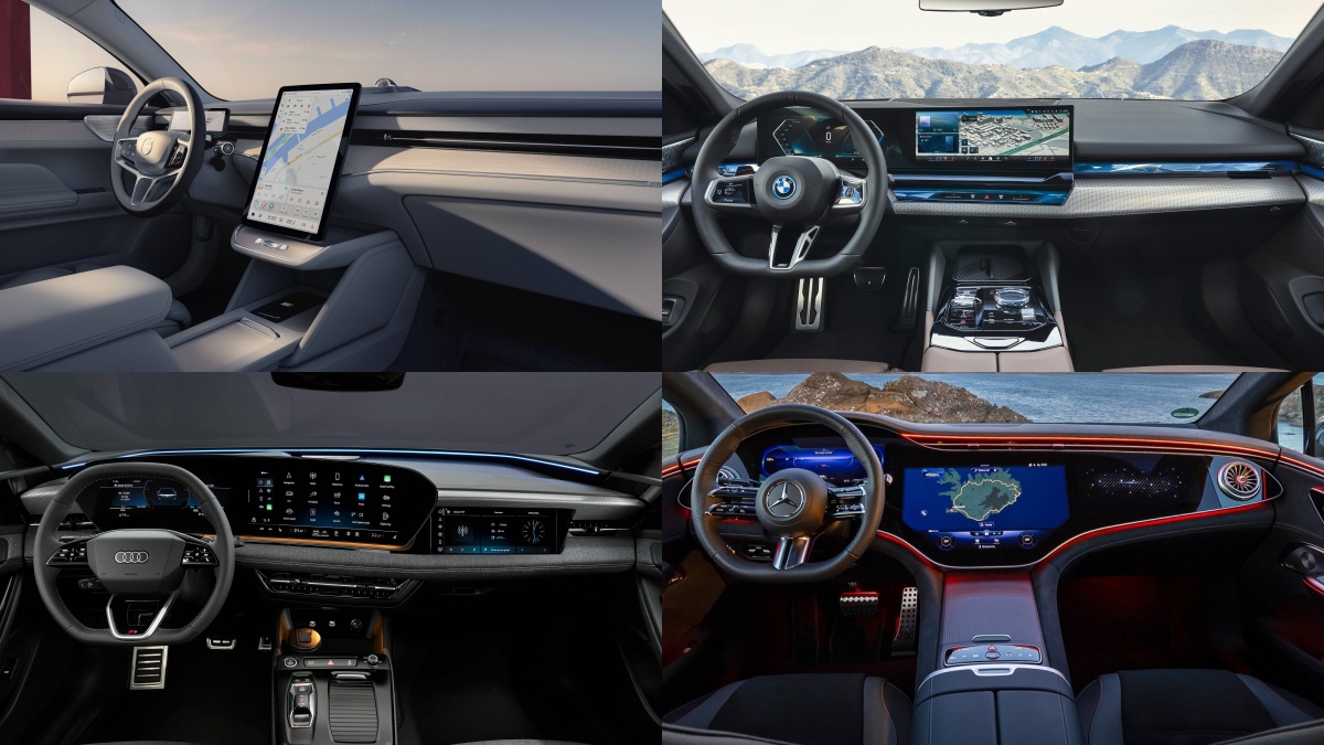 왼쪽 위부터 시계방향 볼보 ES90, BMW i5, 메르세데스-벤츠 EQE, 아우디 A6 스포트백 e-트론의 '내부' '운전석' 사진이다.
