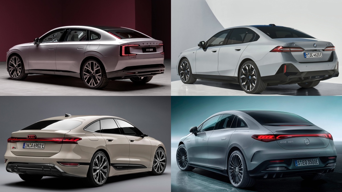 왼쪽 위부터 시계방향 볼보 ES90, BMW i5, 메르세데스-벤츠 EQE, 아우디 A6 스포트백 e-트론의 '후면' 사진이다.
