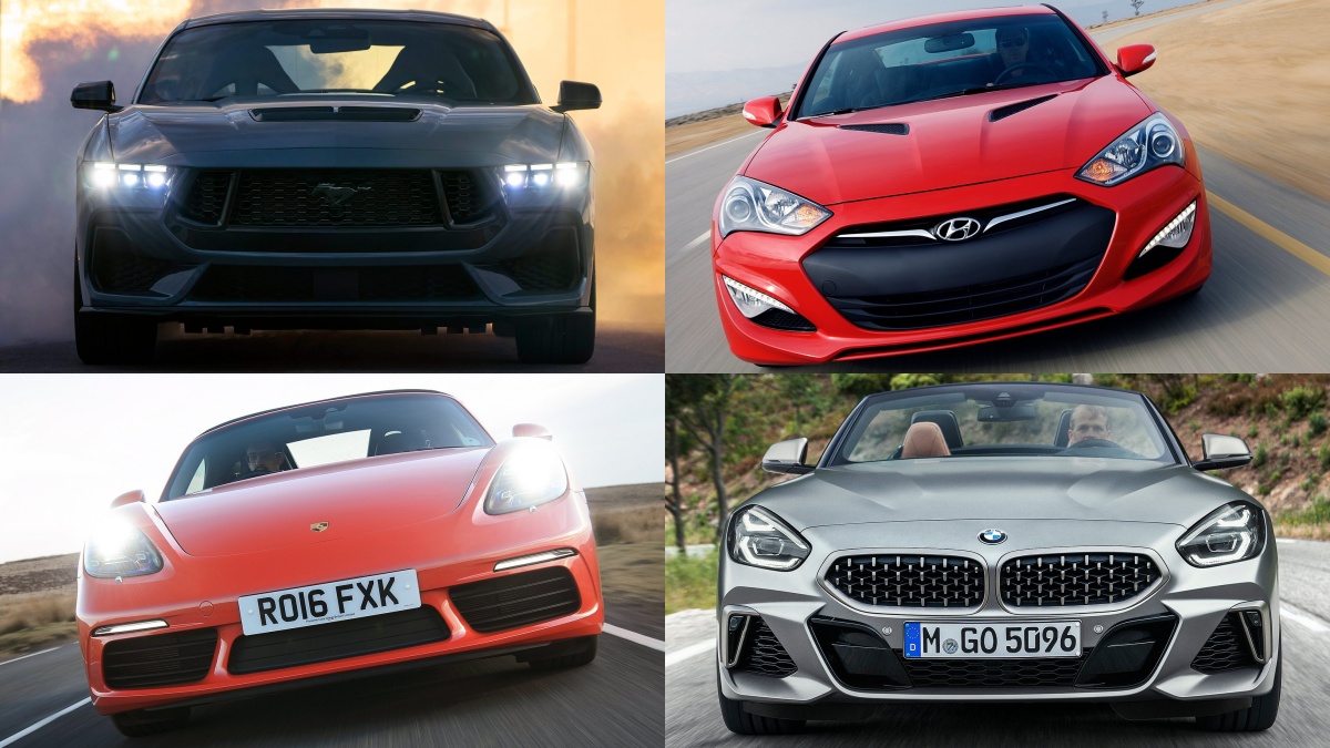 왼쪽 위부터 시계방향으로 포드 머스탱, 현대 제네시스 쿠페, BMW Z4, 포르쉐 박스터의 달리는 '정면' 사진이다.