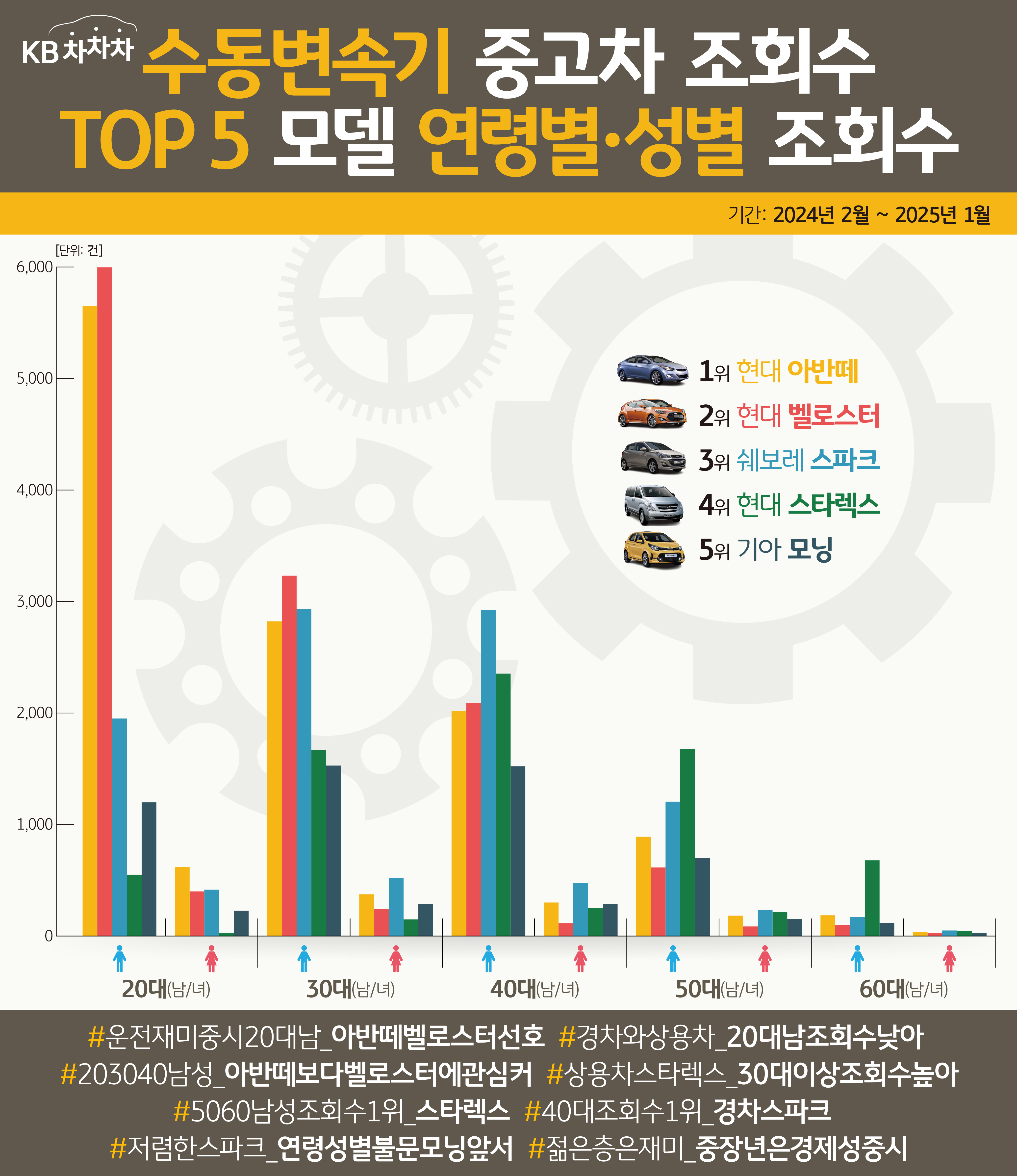 '수동변속기' 중고차 조회수 TOP 5 모델 연령별, 성별 조회수를 정리한 그래프이다.