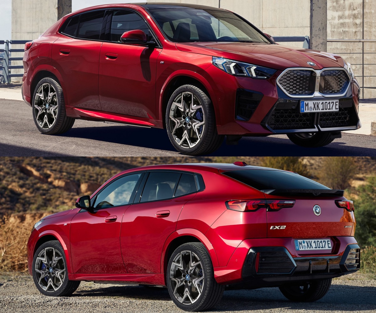 빨간색 BMW iX2의 '정면'과 '후면' 사진이다.