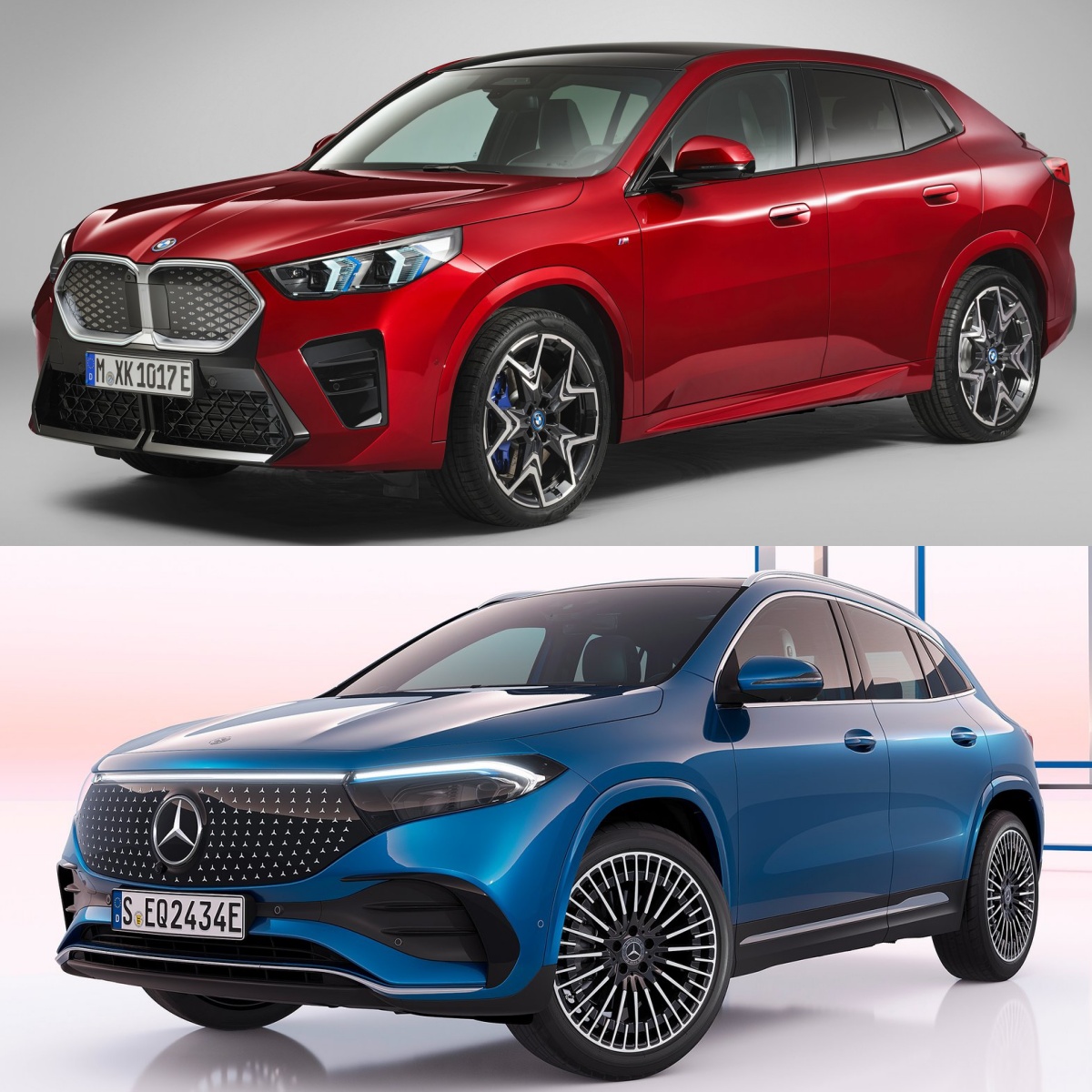 빨간색 BMW iX2와 파란색 메르세데스-벤츠 EQA의 '정면' 사진이다.