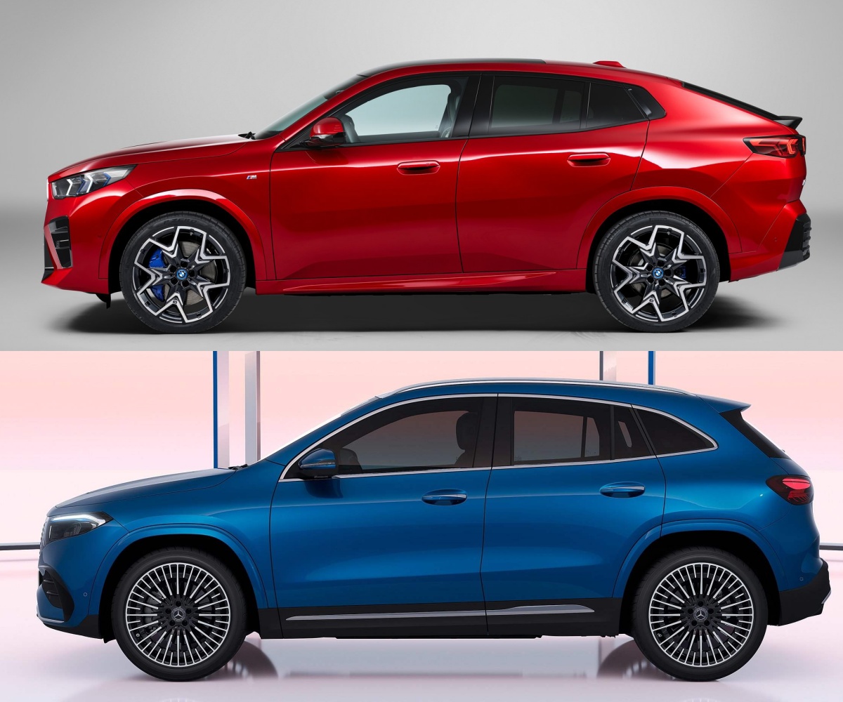빨간색 BMW iX2와 파란색 메르세데스-벤츠 EQA의 '측면' 사진이다.