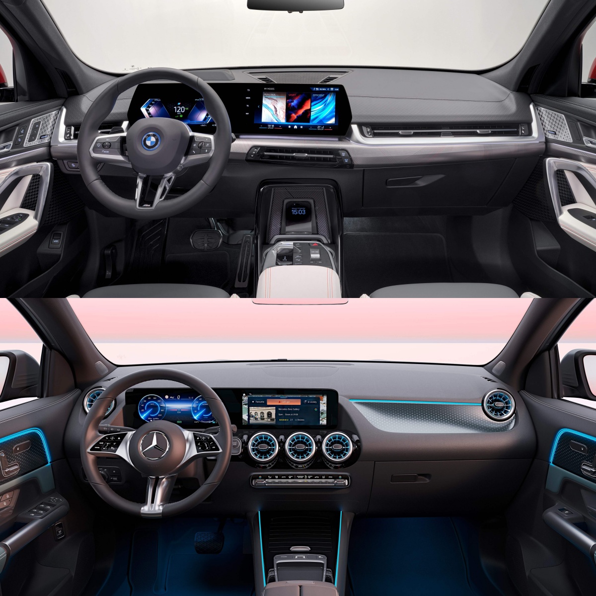 BMW iX2와 메르세데스-벤츠 EQA의 '내부' '운전석' 사진이다.