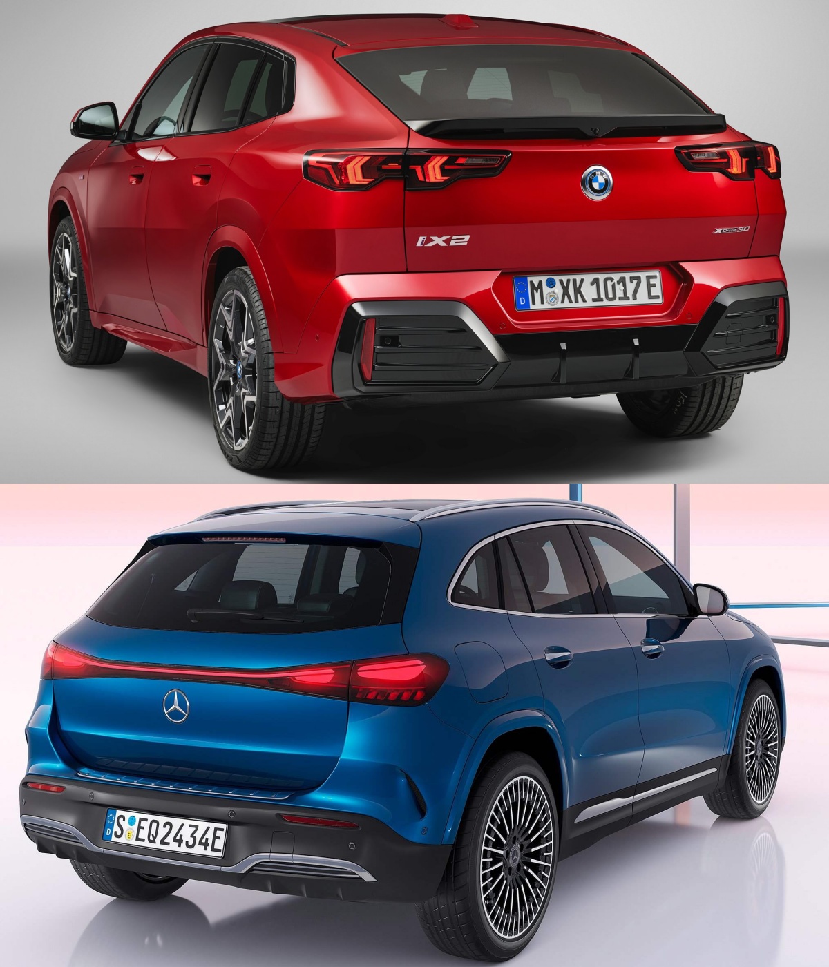 빨간색 BMW iX2와 파란색 메르세데스-벤츠 EQA의 '후면' 사진이다.