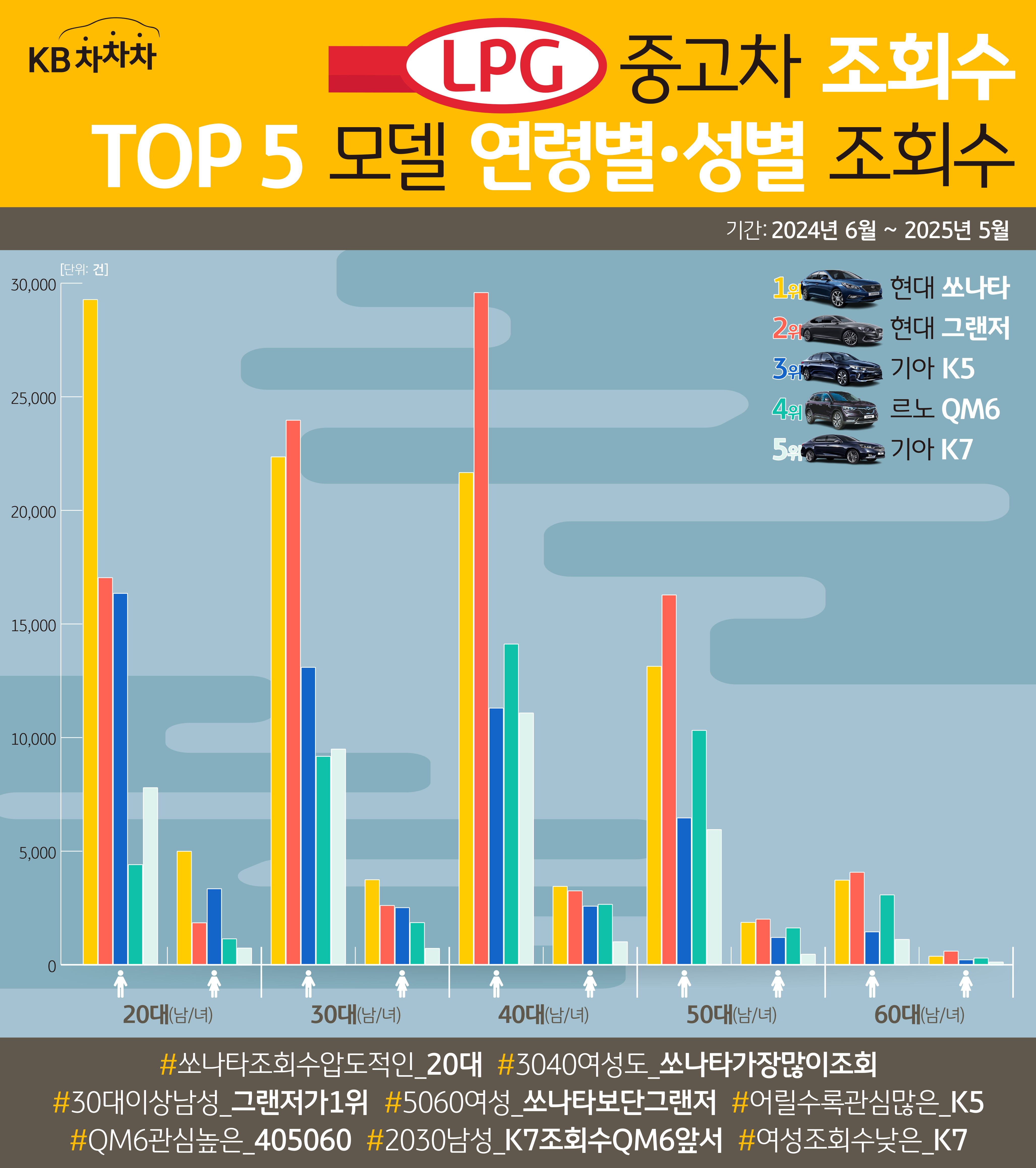 'LPG' '중고차' '조회수 TOP 5' 모델 연령별 성별 조회수를 집계한 그래프이다.