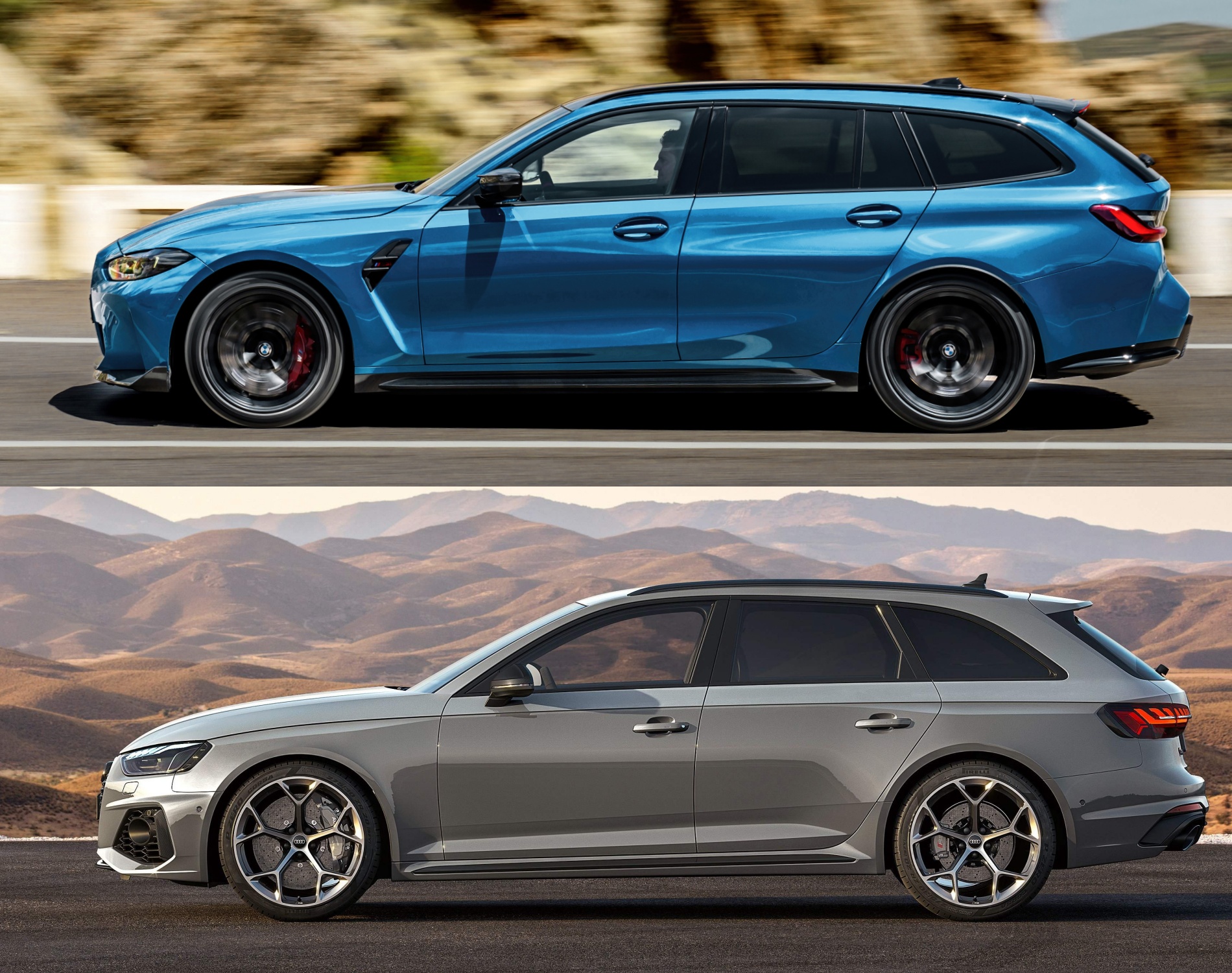 BMW M3 CS 투어링, 아우디 RS 4 아반트 컴페티션의 '측면' 사진이다.
