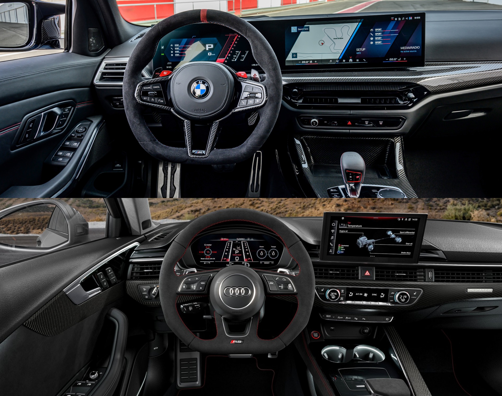 BMW M3 CS 투어링, 아우디 RS 4 아반트 컴페티션의 내부 '운전석' 사진이다.