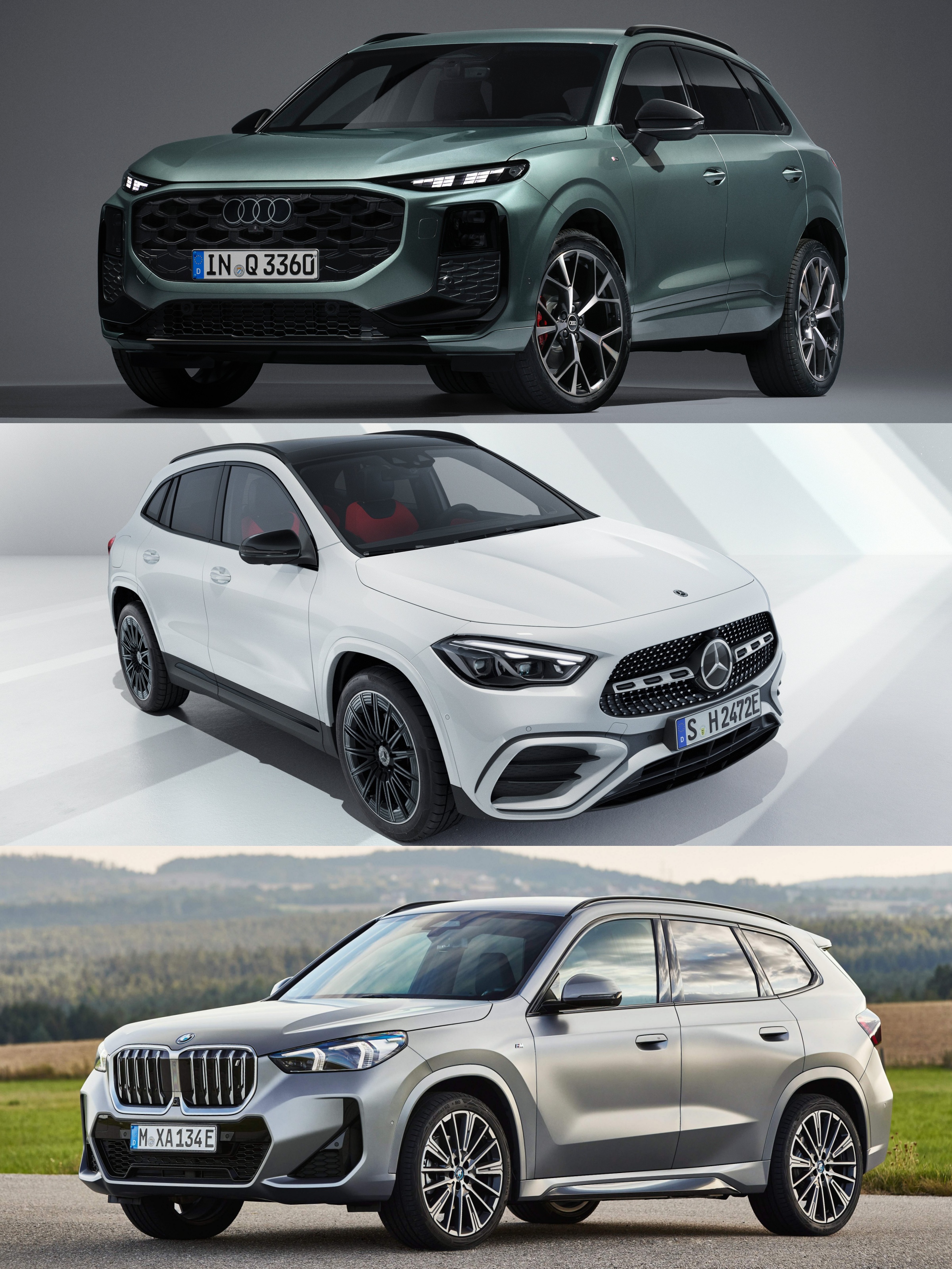 위부터)아우디 Q3, 메르세데스-벤츠 GLA, BMW X1의 '정면' 사진이다.