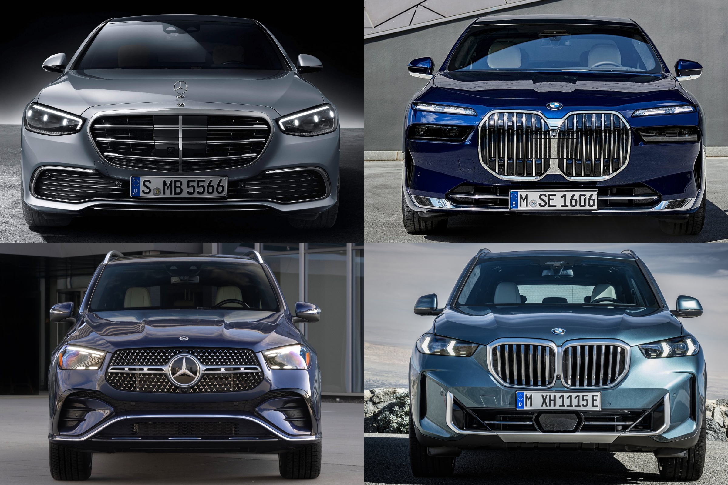 왼쪽 위부터 시계방향으로 메르세데스-벤츠 S-클래스, BMW 7시리즈, BMW X5, 메르세데스-벤츠 GLE의 '정면' 사진이다.