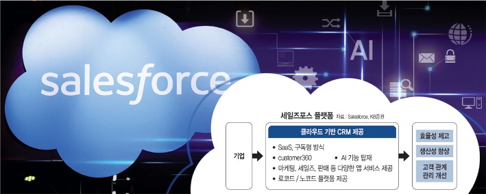 각종 아이콘과 'salesforce' 문구를 배경으로 '세일즈포스 플랫폼'의 진행방식 내용을 표현한 내용이다.