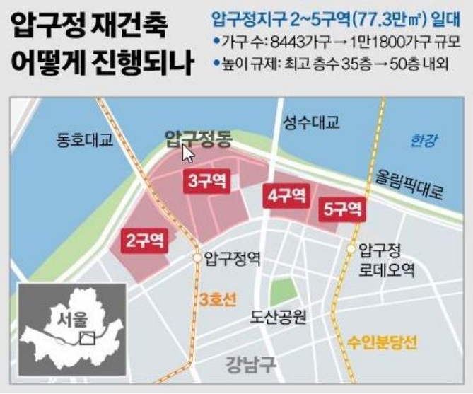 '압구정' 지구 2~5구역 일대 재건축, 높이 규제는 최고 35층에서 50을 내외.