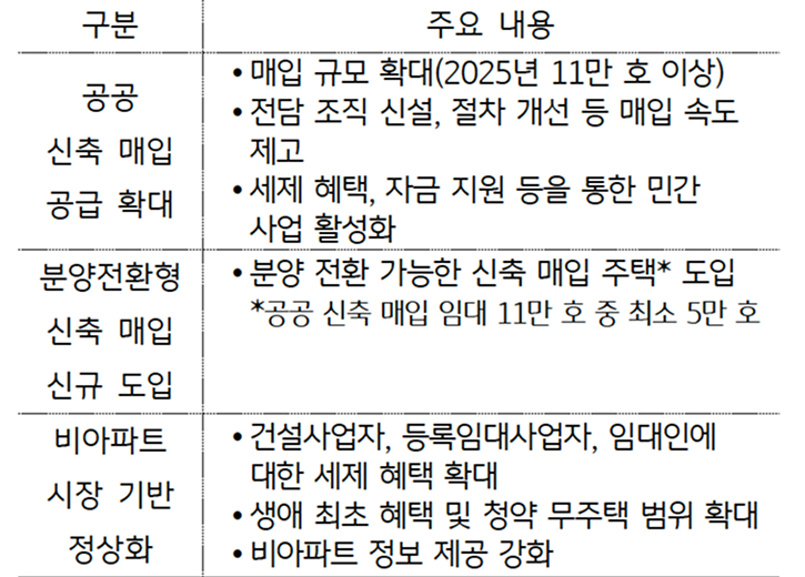 '비아파트 시장' '정상화' 방안 주요 내용을 정리한 표다.
