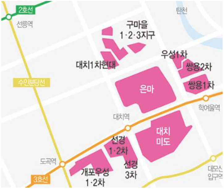 '대치동' 주요 '재건축 사업' 진행 단지를 보여주는 그래프다.